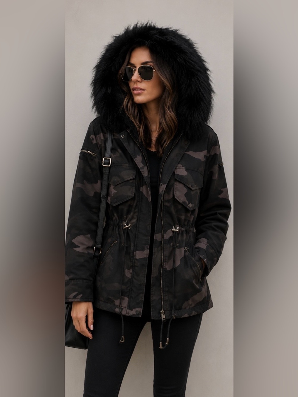 SAM.  Grey - black Camouflage Fur-Trimmed Utility Jacket